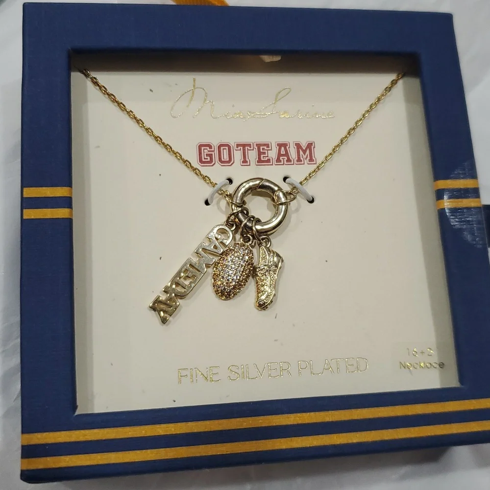 Mia Sarine fine silver Plated Gameday Pave Football‎ Cleats charm necklace new